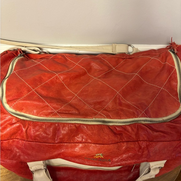 Vintage Large Red and Cream Men's‎ Leather Bag “Suncadia” Logo w/ Argile Detail - Picture 4 of 14